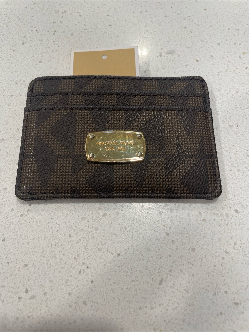 MICHAEL Michael Kors Brown Monogram Card Holder with Gold Plaque